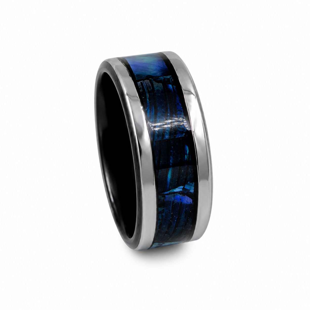 "Kiwi" — Black Stainless Ring with Natural Paua Abalone Inlay, 8mm
