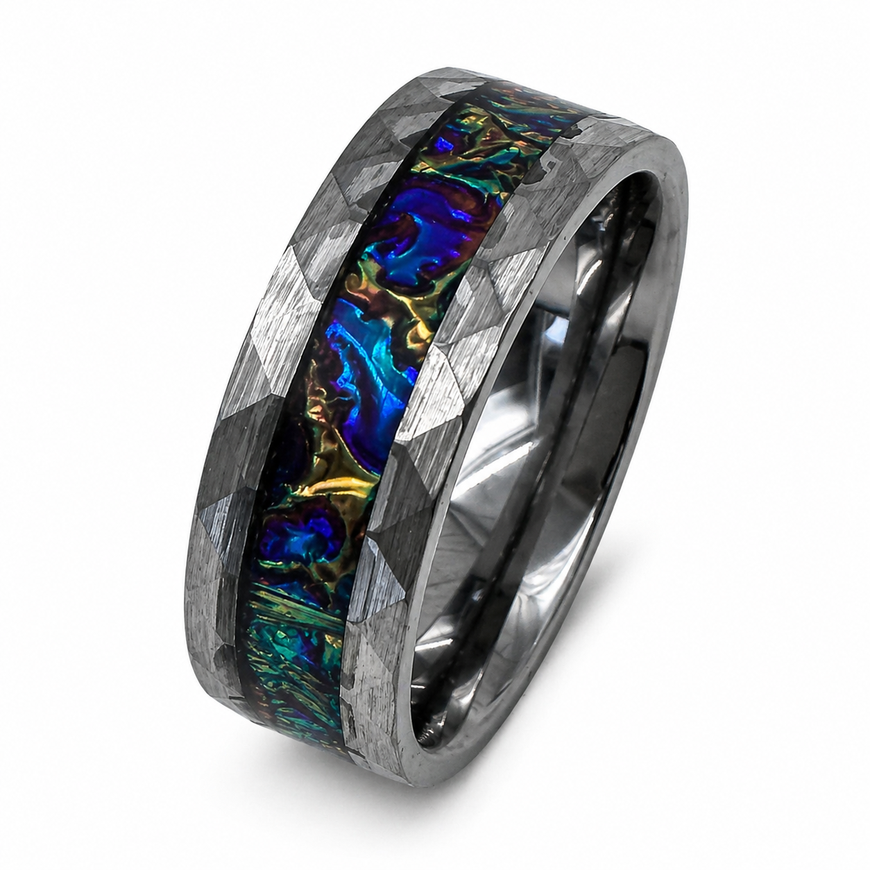 "Titan" — Hammered Tungsten Ring with Fireburl Dichrolam Inlay, 8mm