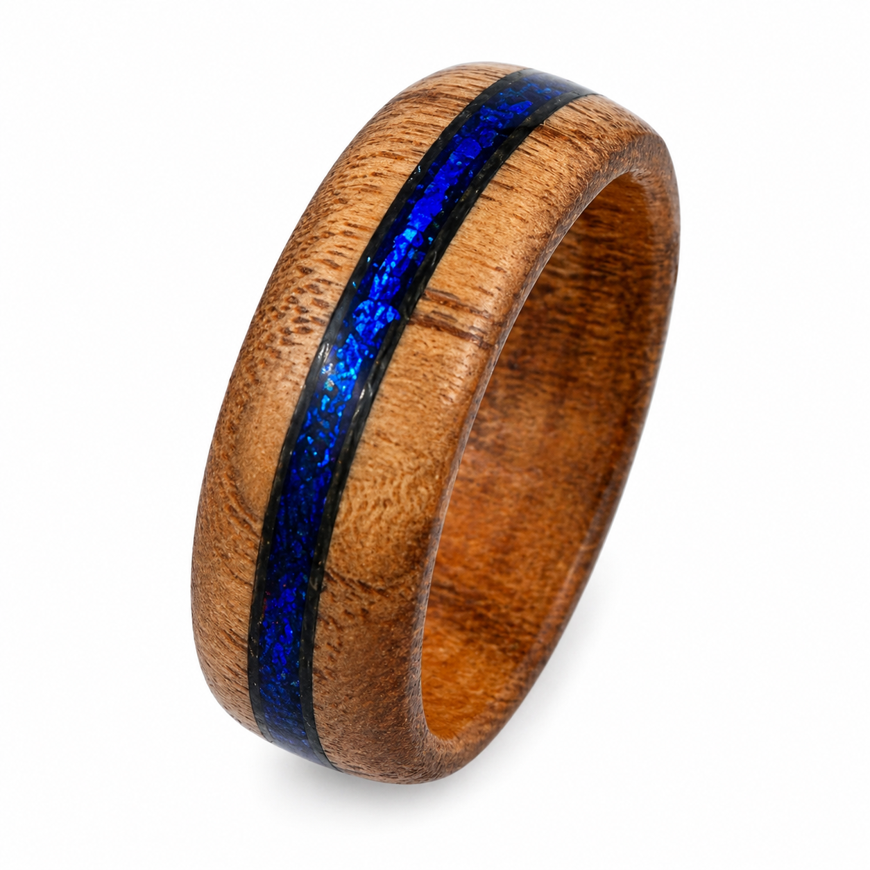 "Specter" — Spalted Maple & Blue Spectre Chameleon Flake Ring, 8mm