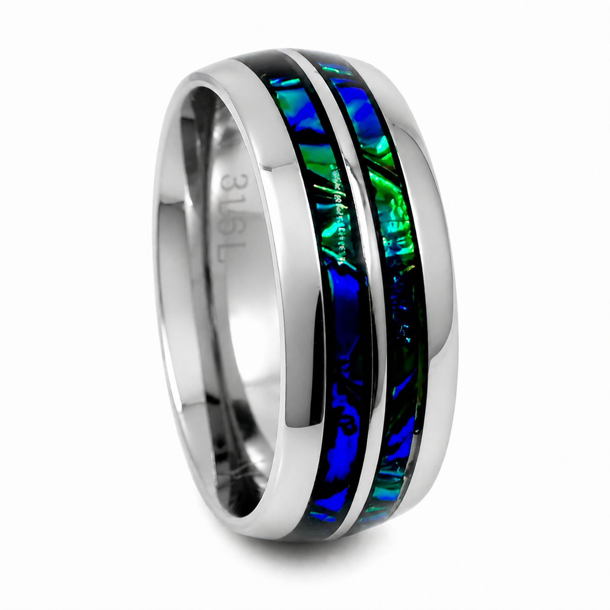"Abyss" — Dual Black Sea Dichrolam Inlay Ring, 9mm Stainless Steel