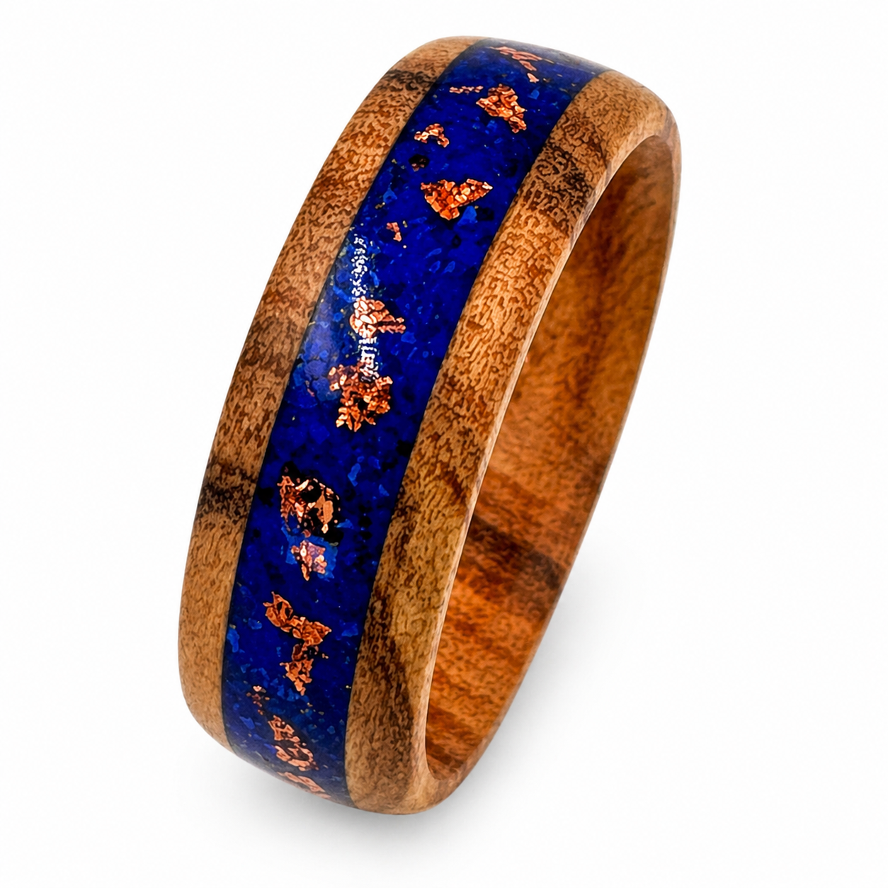 "Copernicus" — Olive Wood Ring with Dark Blue Mica & Copper Leaf Inlay, 8mm