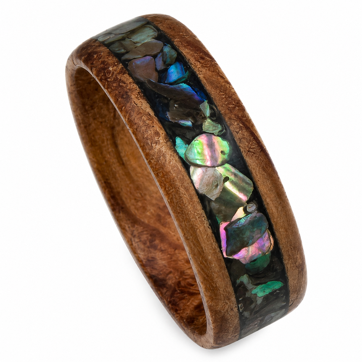 "Bourbon" — Whiskey Barrel Wood & Abalone Shell Ring, 8mm