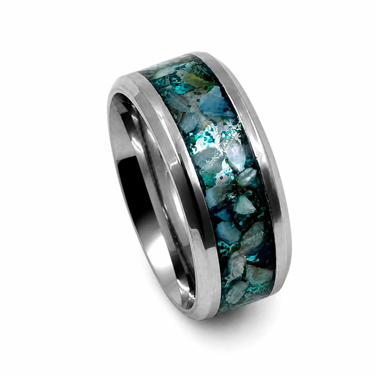 "Lagoon" — Paua Abalone & Light Green Sparkle Base Inlay Band, 8mm