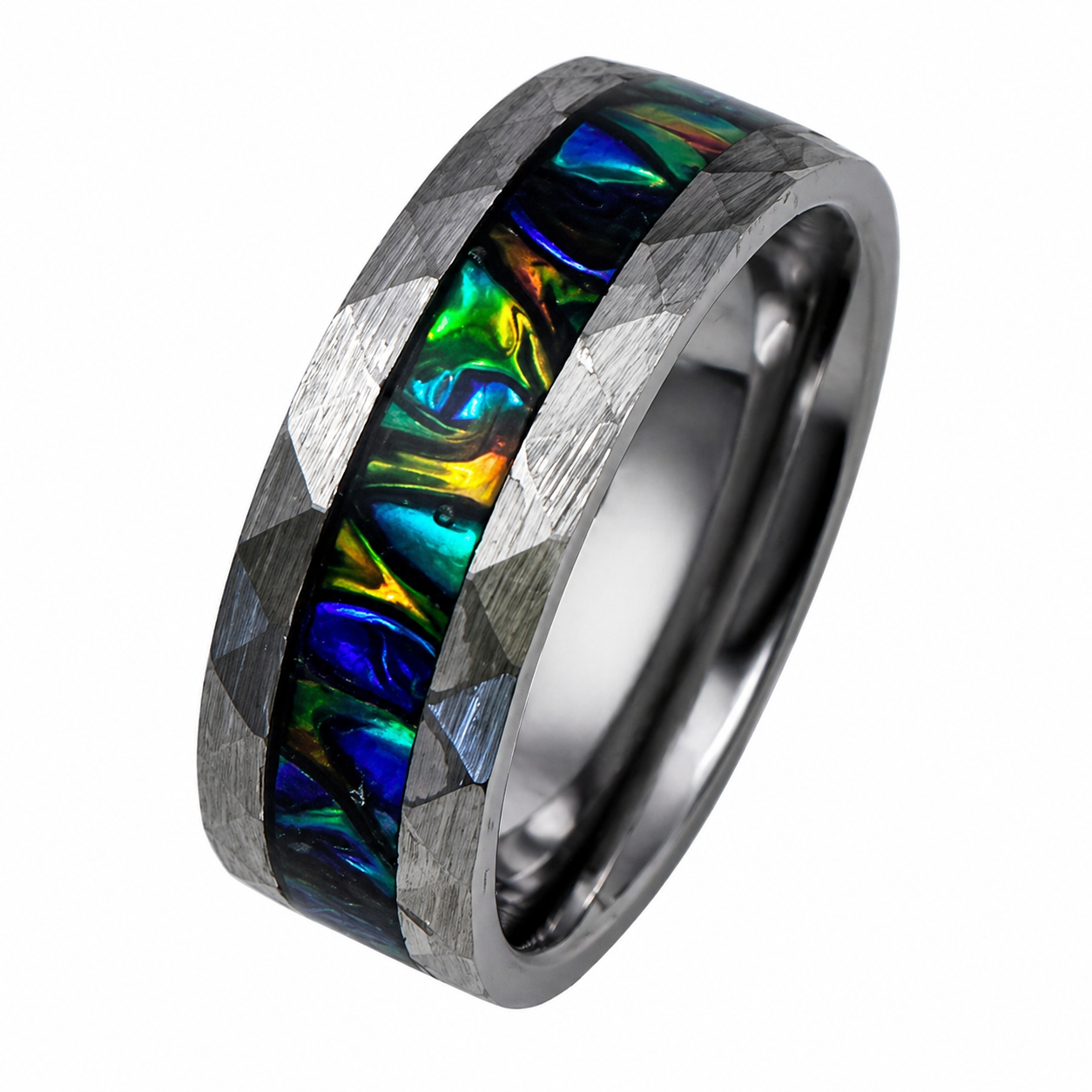 "Kraken" — Hammered Tungsten Ring with Black Sea Dichrolam Inlay, 8mm