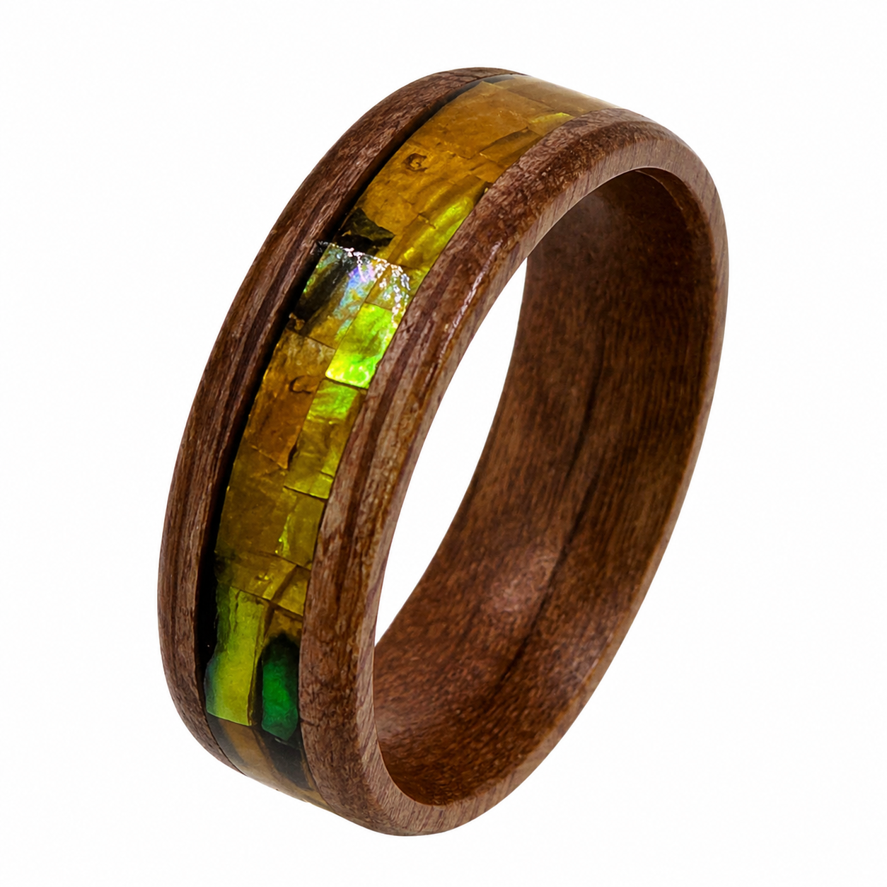 "Sienna" — Olive Wood Ring with Green & Gold Abalone Inlay, 8mm
