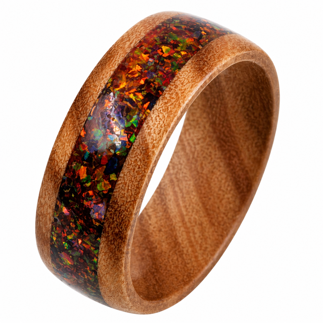 "Inferno" — Olive Wood Ring with Carob Opal Inlay, 8mm