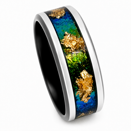 "Atlantis" — Black Stainless Ring with Mermaid Chameleon Flake & Gold Leaf Inlay, 8mm
