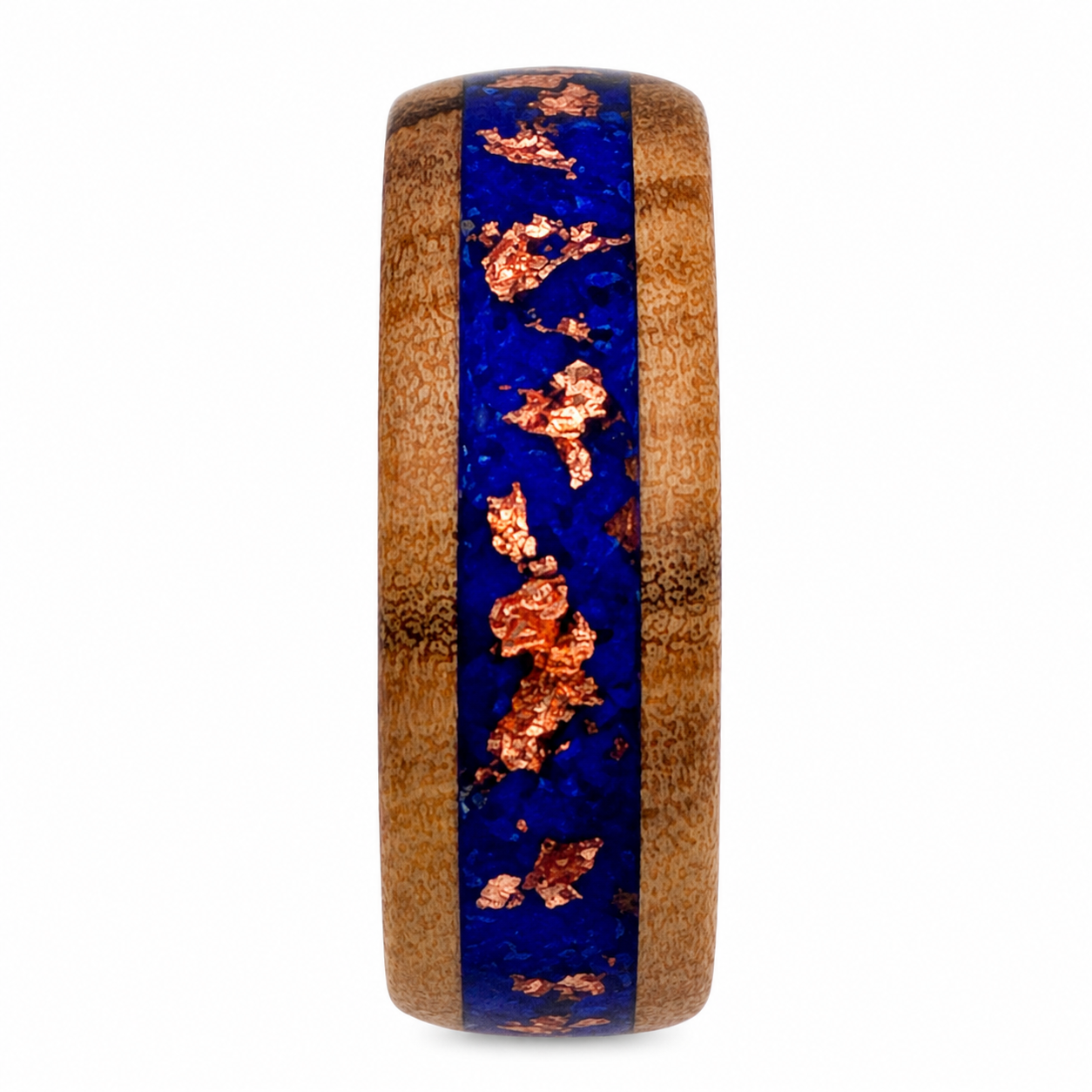"Copernicus" — Olive Wood Ring with Dark Blue Mica & Copper Leaf Inlay, 8mm