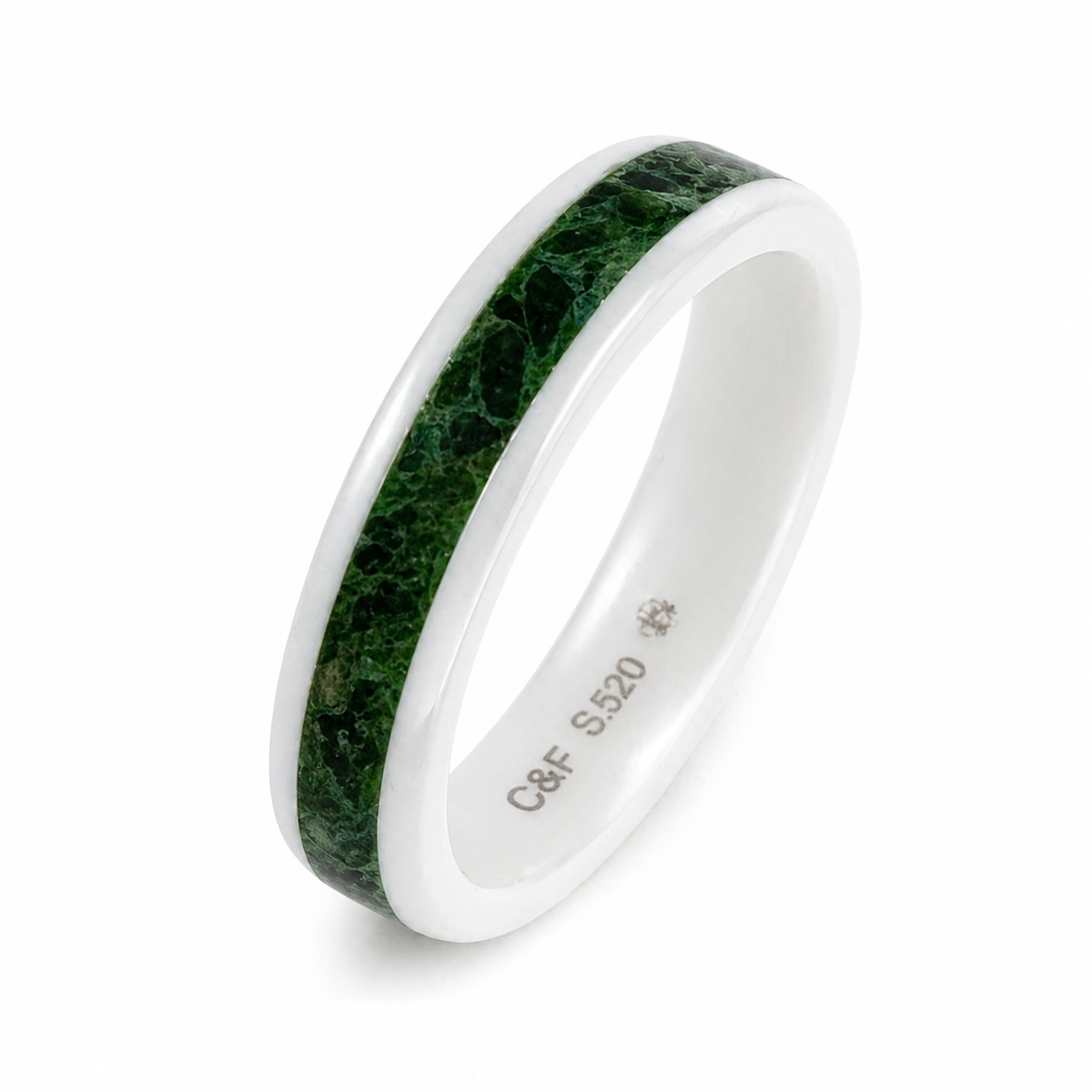 "Fern" — White Ceramic Ring with Dark Green Opal & Olive Chameleon Inlay, 4mm