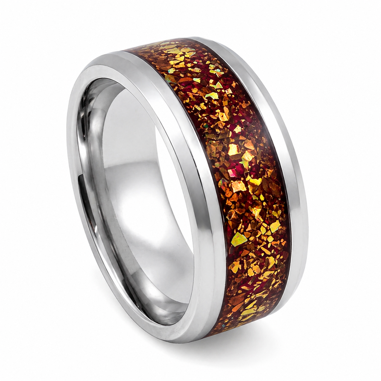 "Solstice" — Red Lacquer & Green Gold Glitter Inlay Band, 8mm