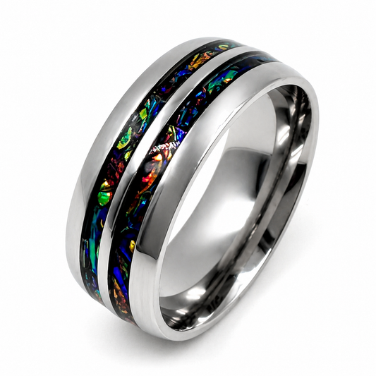"Blaze" — Dual Fireburl Dichrolam Inlay Ring, 9mm Stainless Steel