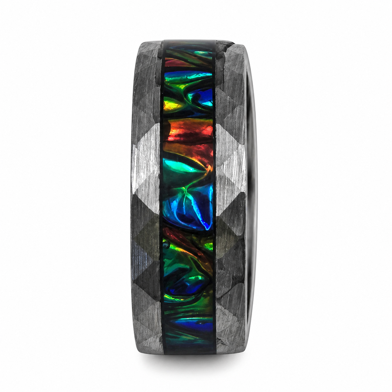 "Kraken" — Hammered Tungsten Ring with Black Sea Dichrolam Inlay, 8mm