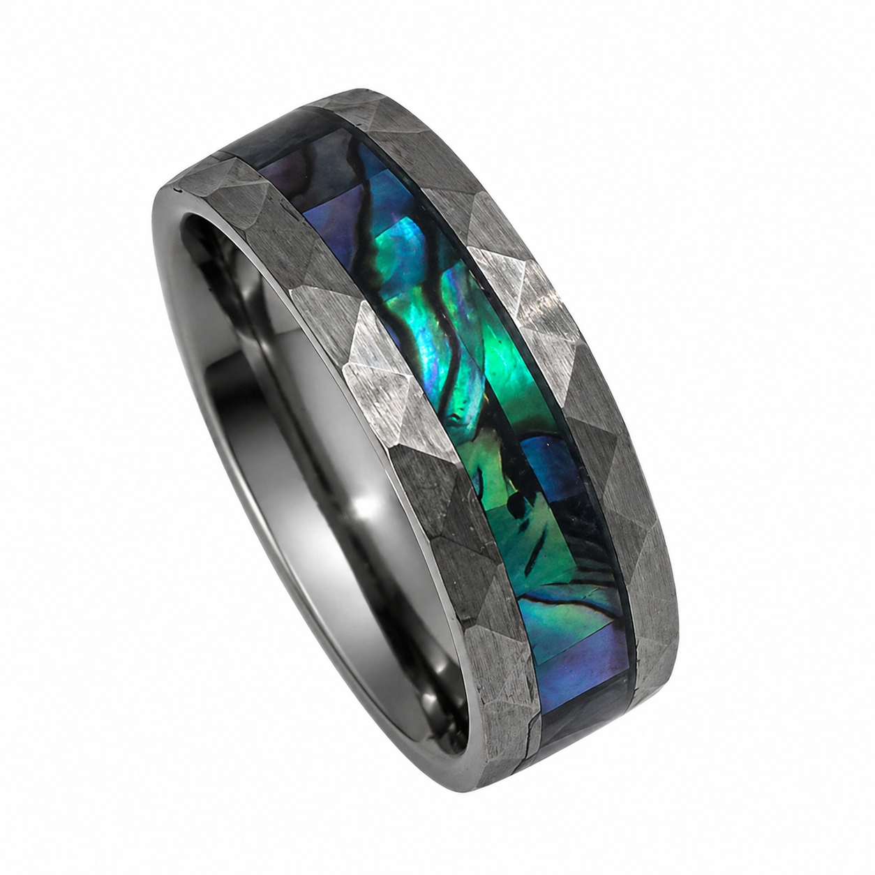 "Maori" — Hammered Tungsten Ring with Paua Abalone Natural Inlay, 8mm