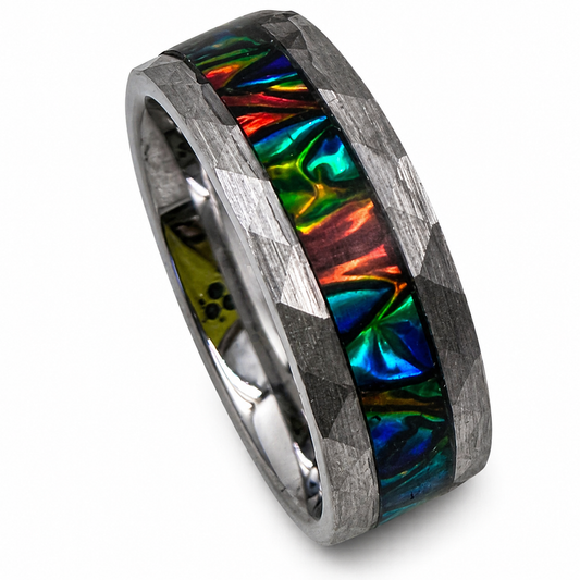 "Kraken" — Hammered Tungsten Ring with Black Sea Dichrolam Inlay, 8mm
