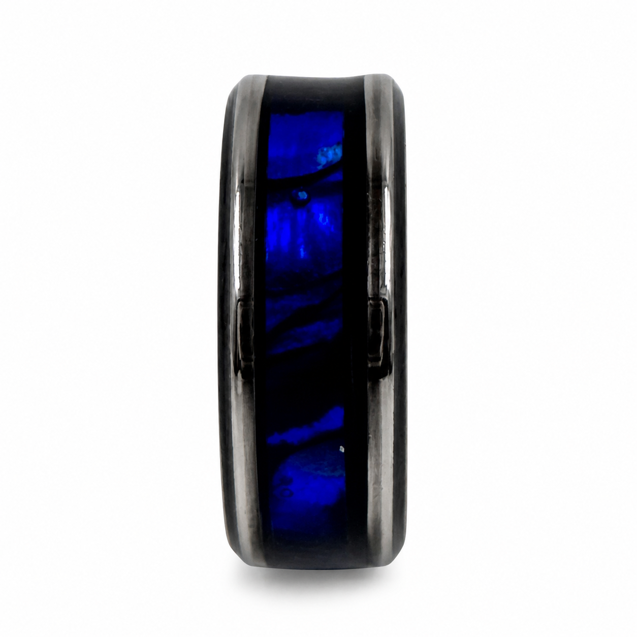 "Orion" — Black Metal Ring with Paua Abalone Cascade Inlay, 8mm