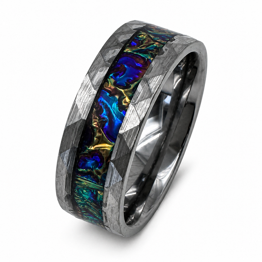 "Titan" — Hammered Tungsten Ring with Fireburl Dichrolam Inlay, 8mm