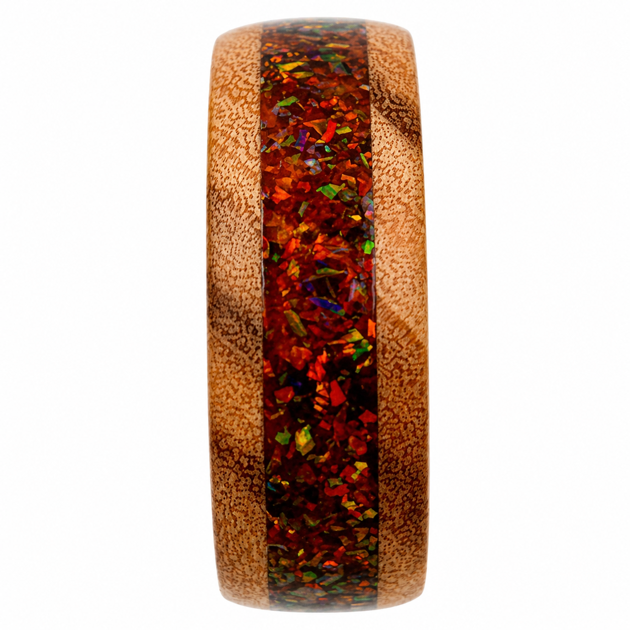 "Inferno" — Olive Wood Ring with Carob Opal Inlay, 8mm