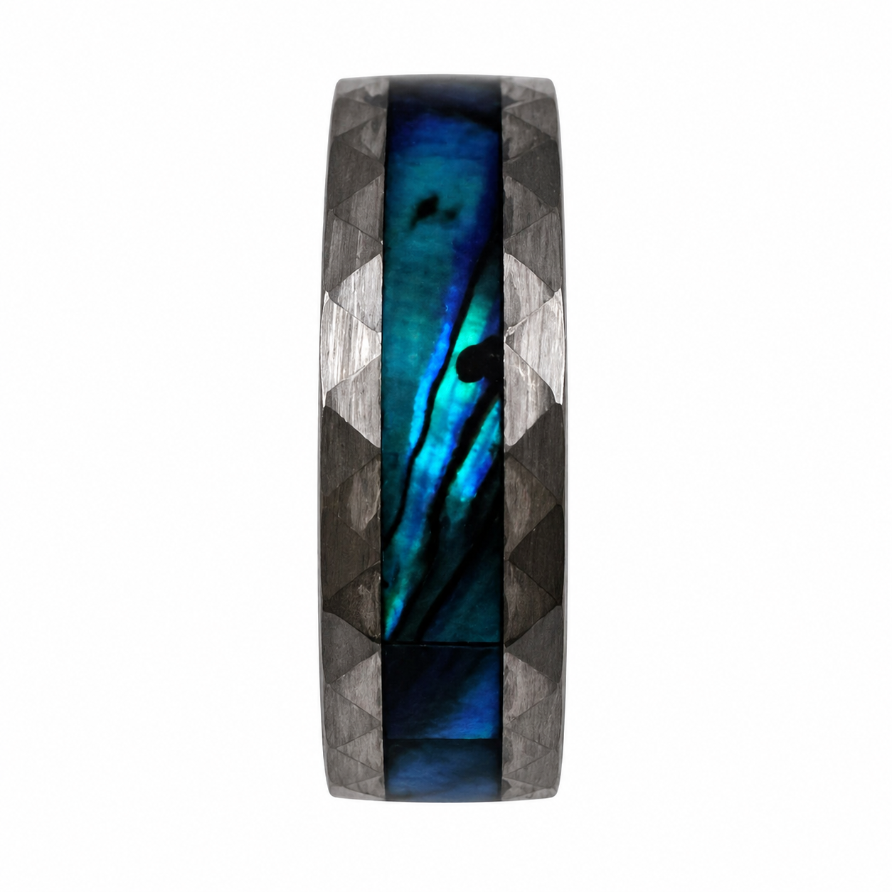 "Cascade" — Hammered Tungsten Ring with Abalone Cascade Inlay, 8mm