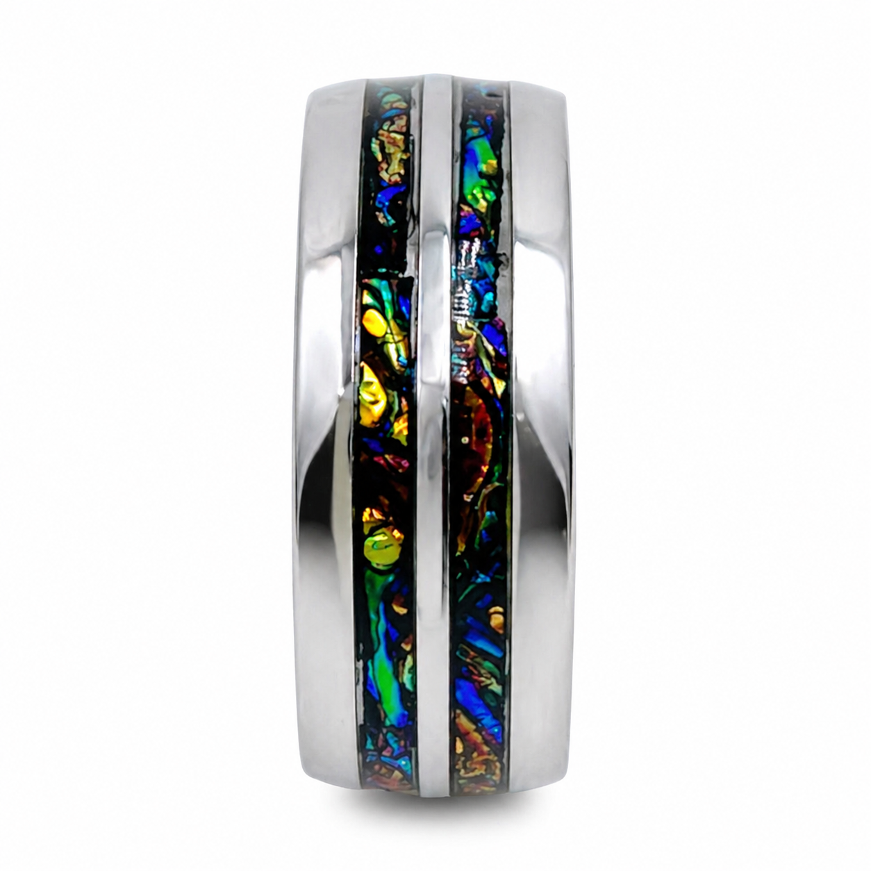 "Blaze" — Dual Fireburl Dichrolam Inlay Ring, 9mm Stainless Steel