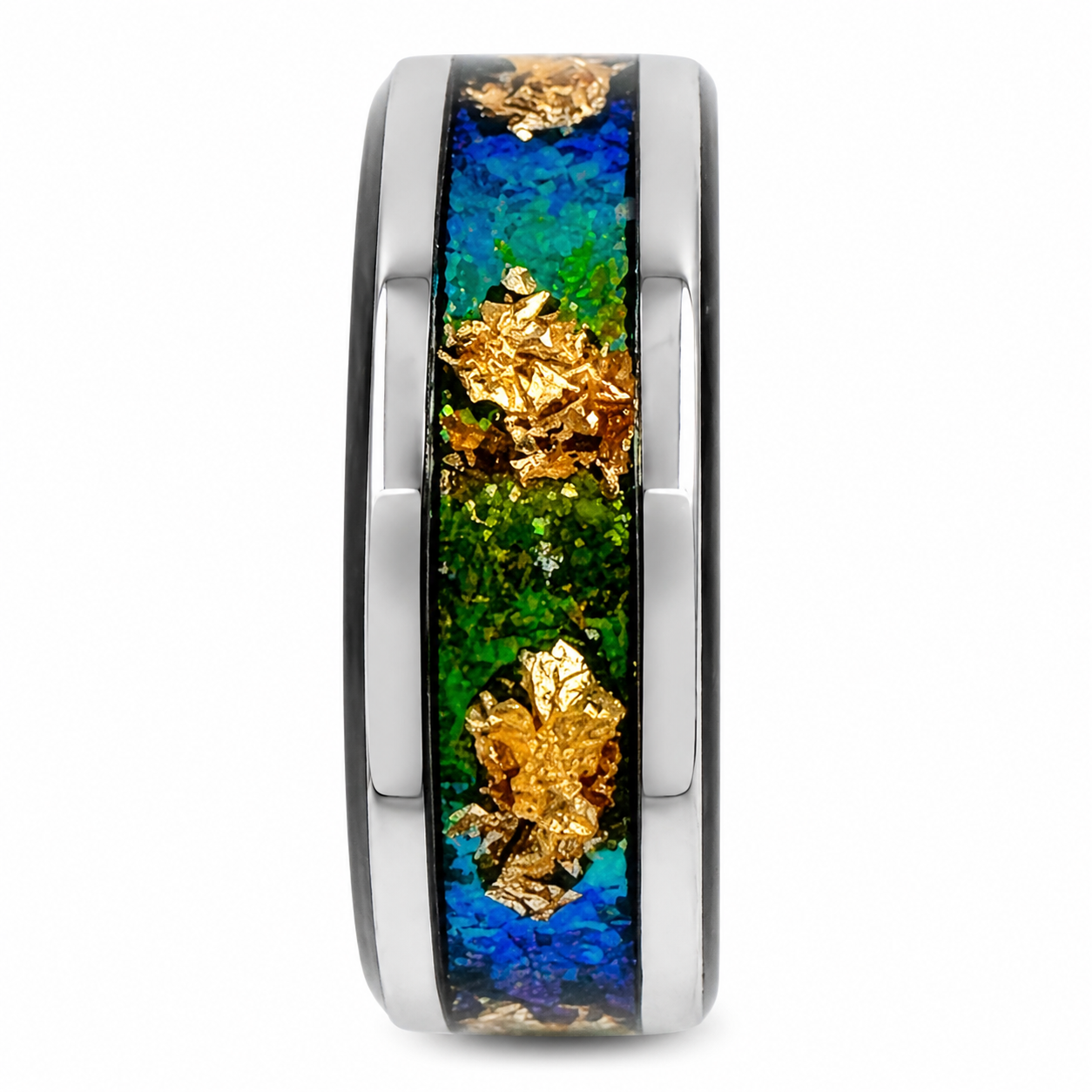 "Atlantis" — Black Stainless Ring with Mermaid Chameleon Flake & Gold Leaf Inlay, 8mm