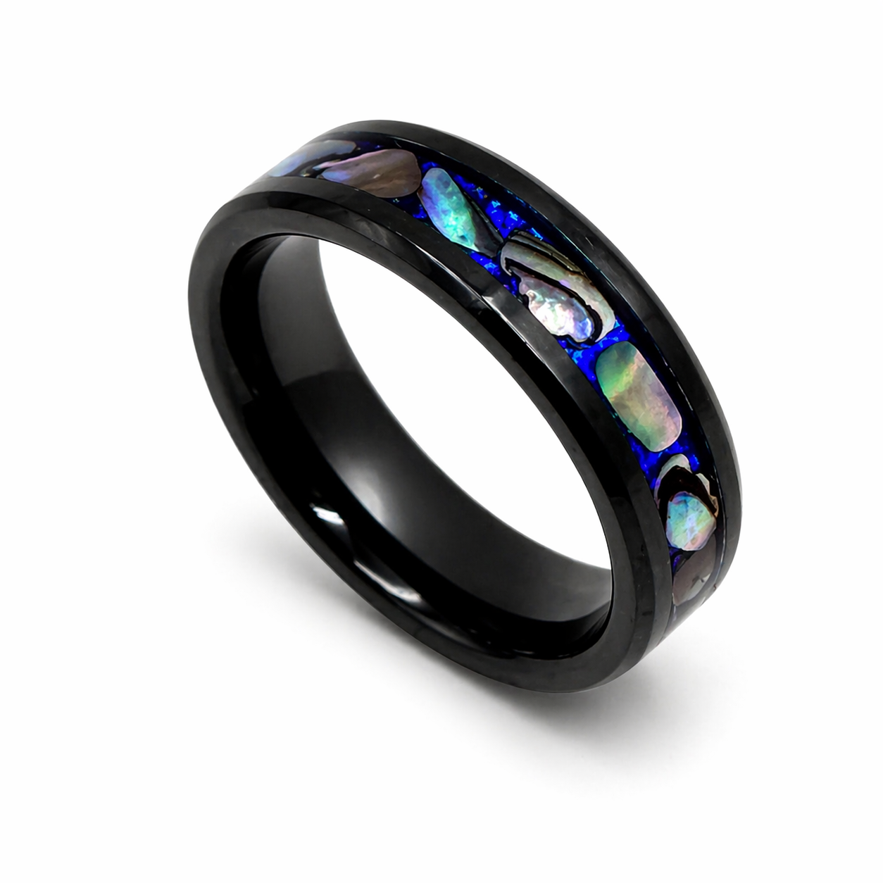 "Raven" — Abalone & Blue Chameleon Stackable Ring, 6mm Black Ceramic