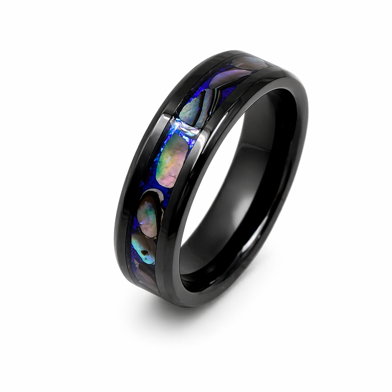 "Raven" — Abalone & Blue Chameleon Stackable Ring, 6mm Black Ceramic