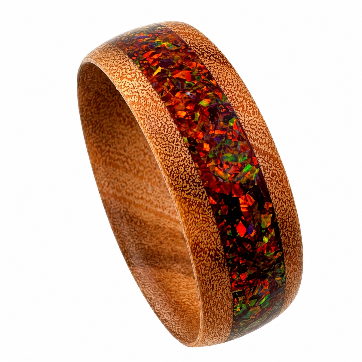 "Inferno" — Olive Wood Ring with Carob Opal Inlay, 8mm