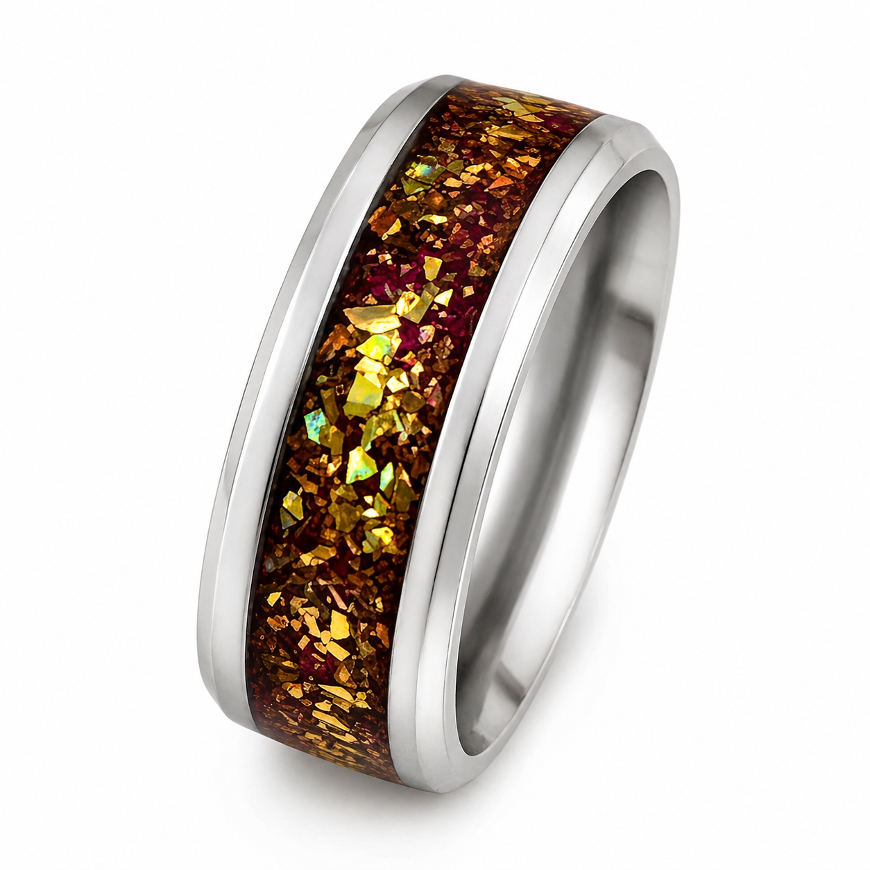 "Solstice" — Red Lacquer & Green Gold Glitter Inlay Band, 8mm