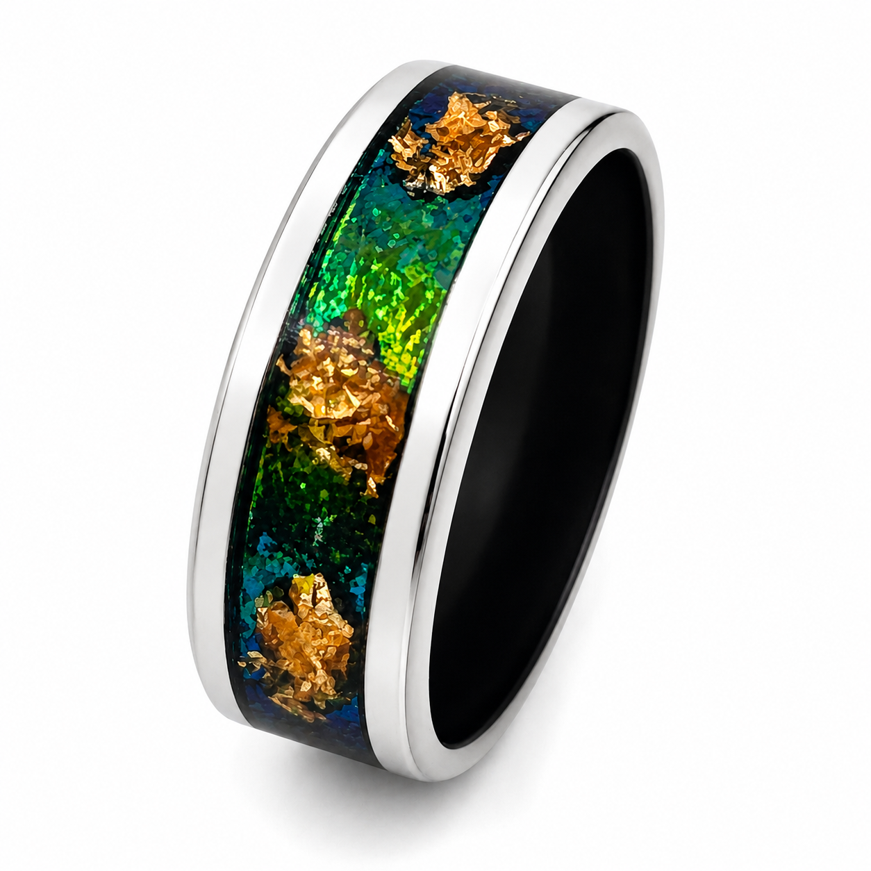"Atlantis" — Black Stainless Ring with Mermaid Chameleon Flake & Gold Leaf Inlay, 8mm