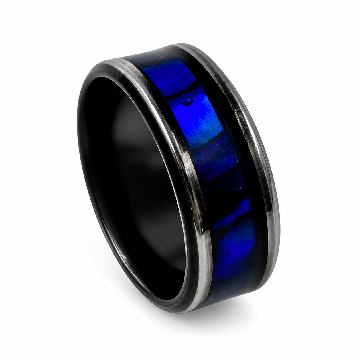 "Orion" — Black Metal Ring with Paua Abalone Cascade Inlay, 8mm