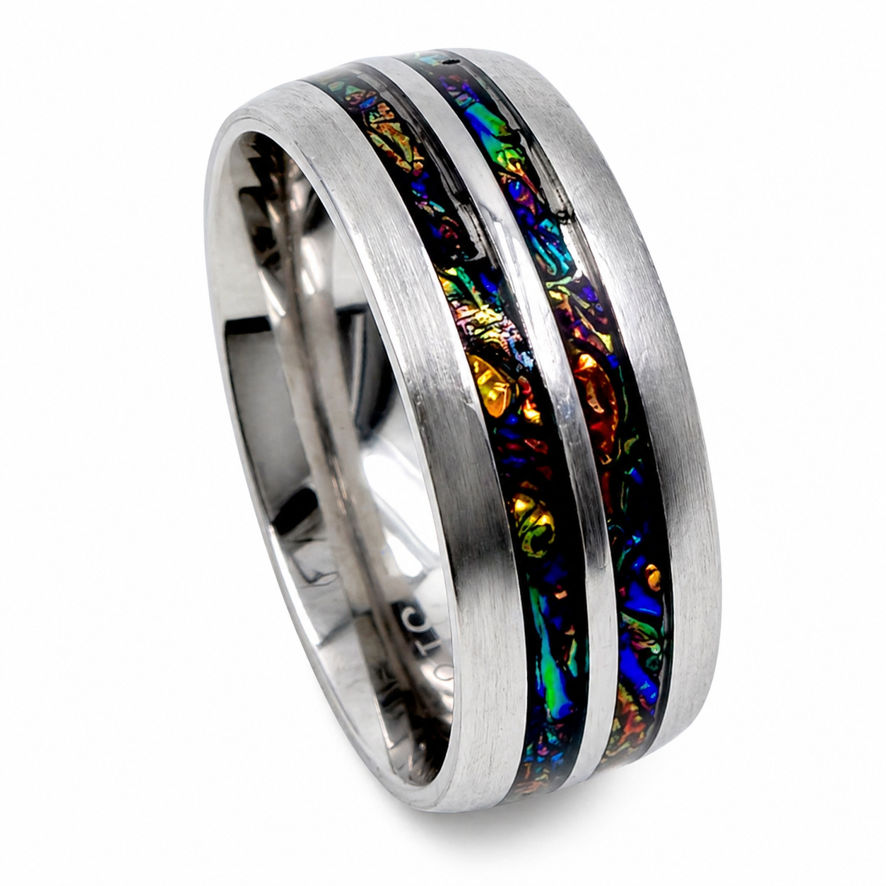 "Blaze" — Dual Fireburl Dichrolam Inlay Ring, 9mm Stainless Steel