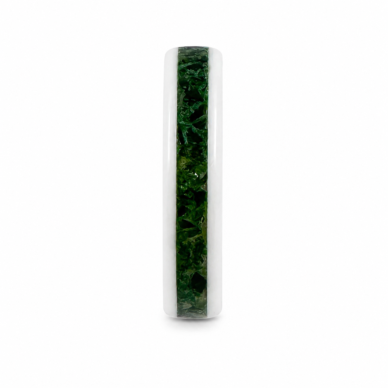 "Fern" — White Ceramic Ring with Dark Green Opal & Olive Chameleon Inlay, 4mm