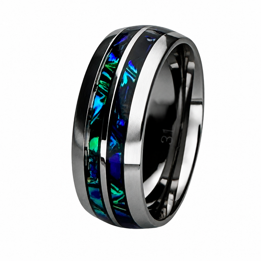 "Abyss" — Dual Black Sea Dichrolam Inlay Ring, 9mm Stainless Steel