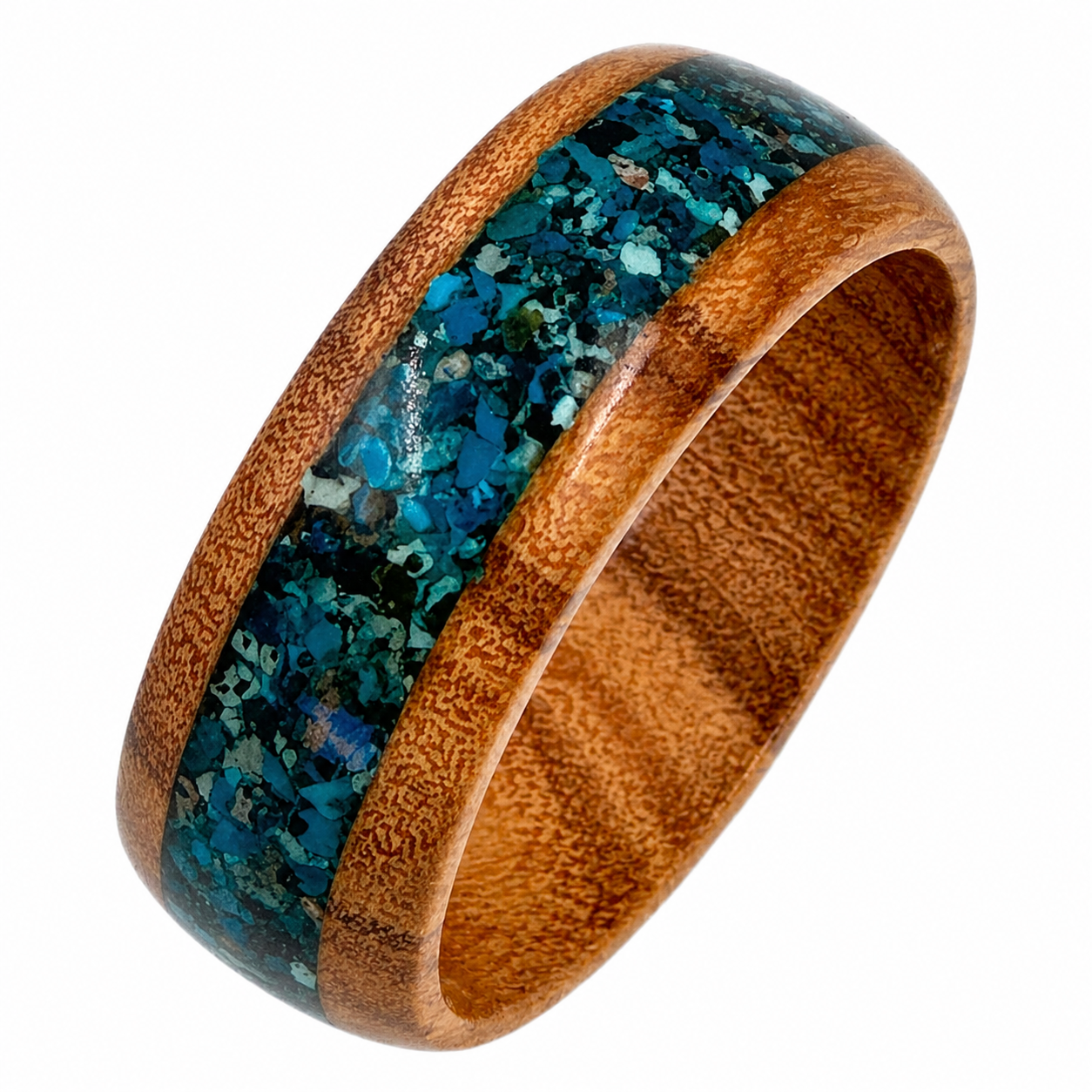 "Sedona" — Olive Wood Ring with Chrysocolla Stone Inlay, 8mm