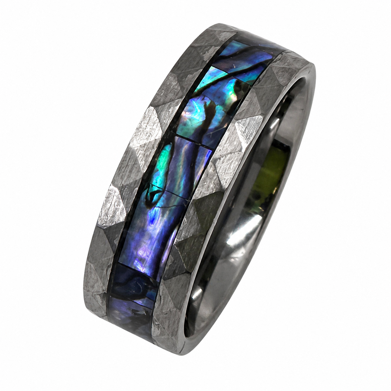 "Maori" — Hammered Tungsten Ring with Paua Abalone Natural Inlay, 8mm