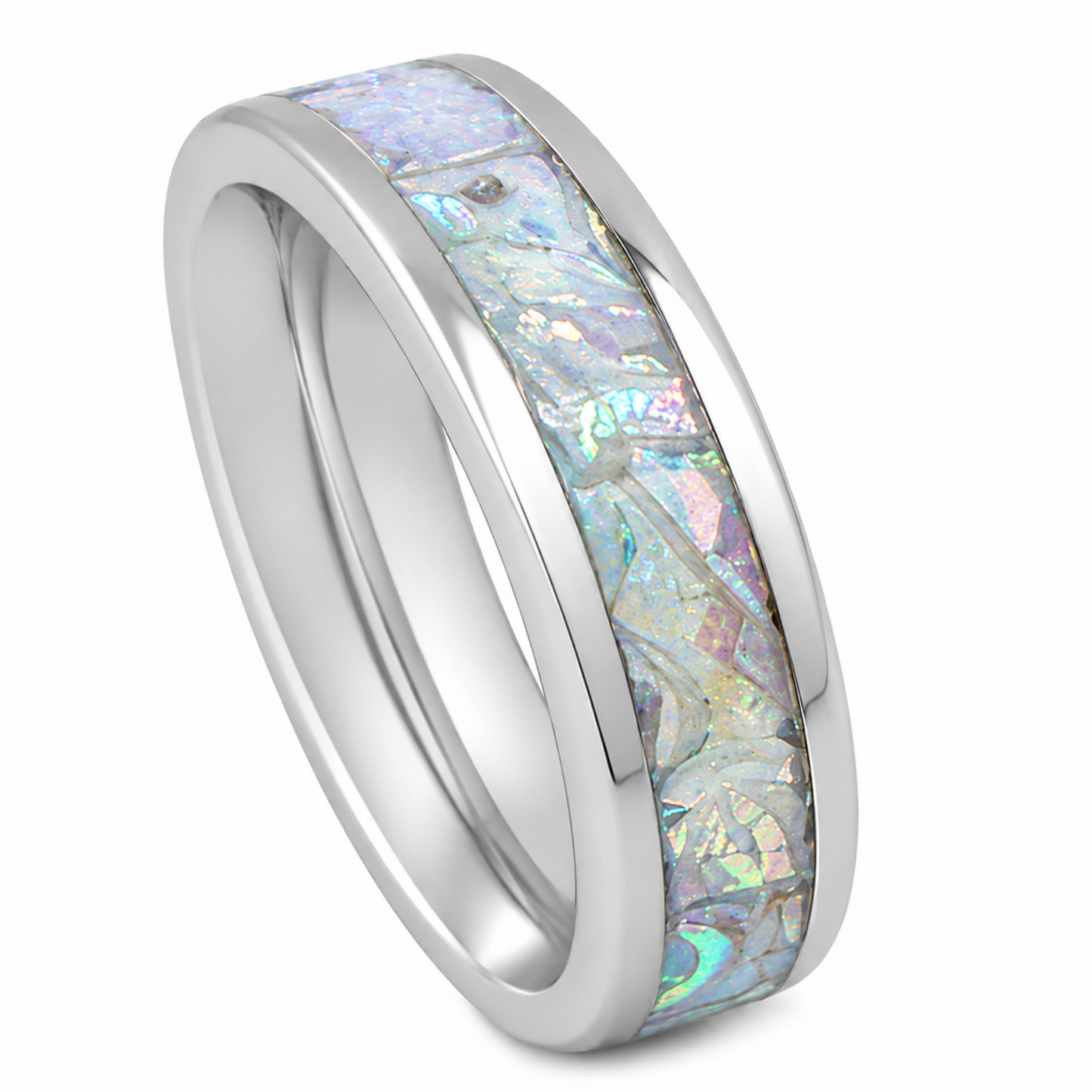 "Luna" — Iridescent Stackable Ring, 4mm — Dragon Pearl Burl Dichrolam