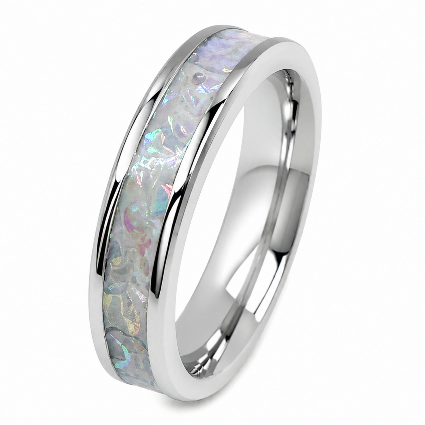 "Luna" — Iridescent Stackable Ring, 4mm — Dragon Pearl Burl Dichrolam