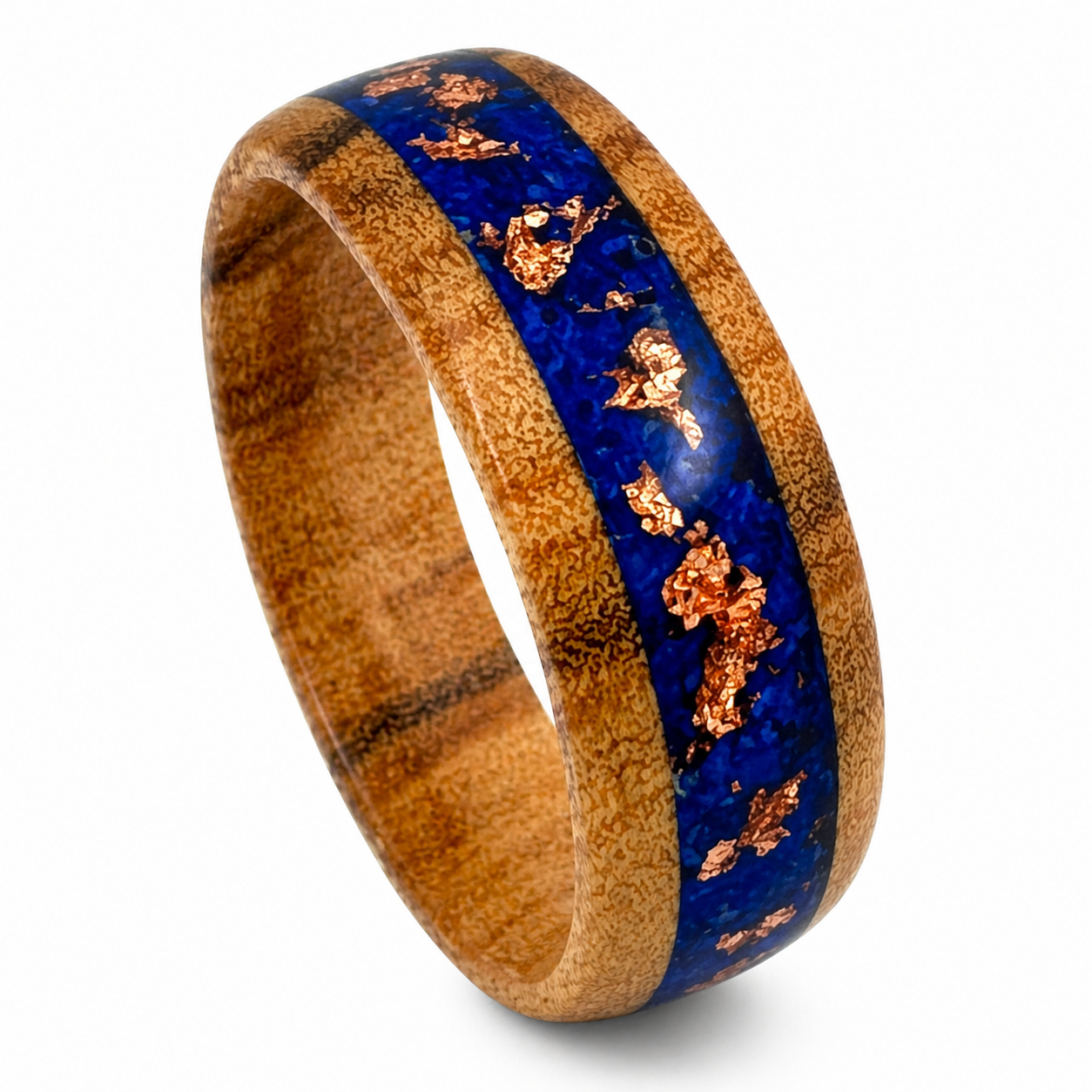 "Copernicus" — Olive Wood Ring with Dark Blue Mica & Copper Leaf Inlay, 8mm