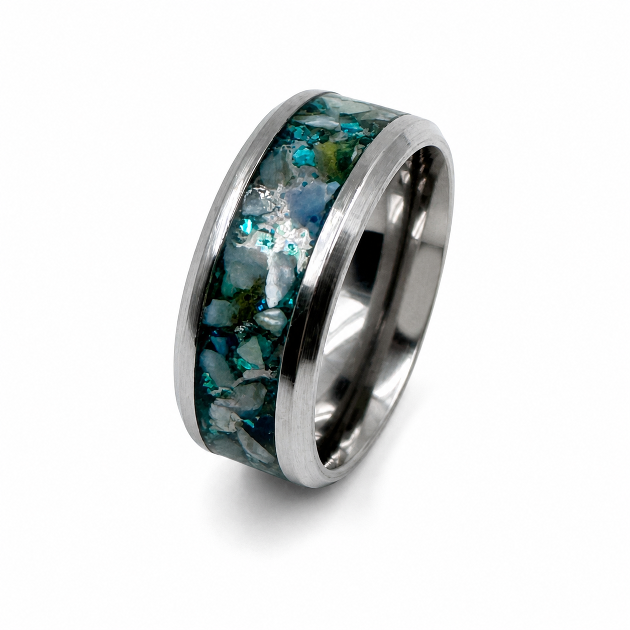 "Lagoon" — Paua Abalone & Light Green Sparkle Base Inlay Band, 8mm