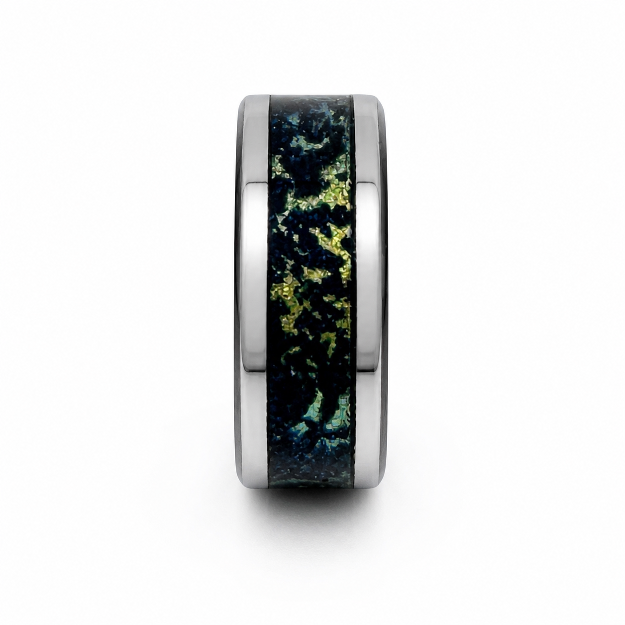 "Nightfall" — Black Metal Ring with Black Opal & Banana Mica Inlay, 8mm