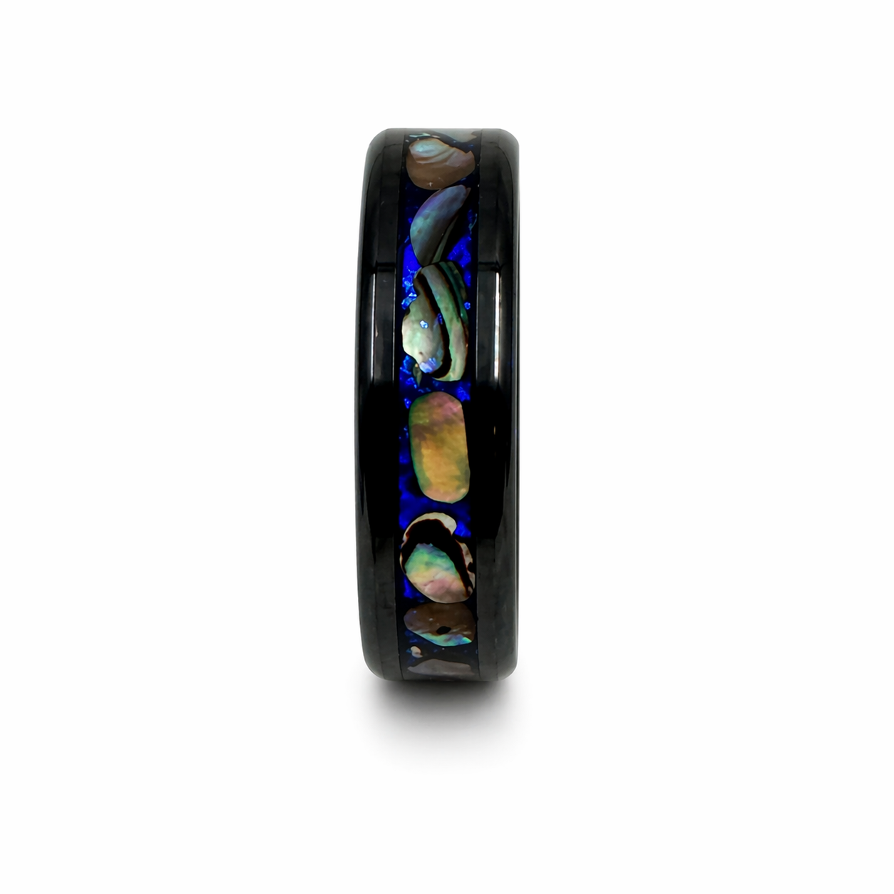 "Raven" — Abalone & Blue Chameleon Stackable Ring, 6mm Black Ceramic