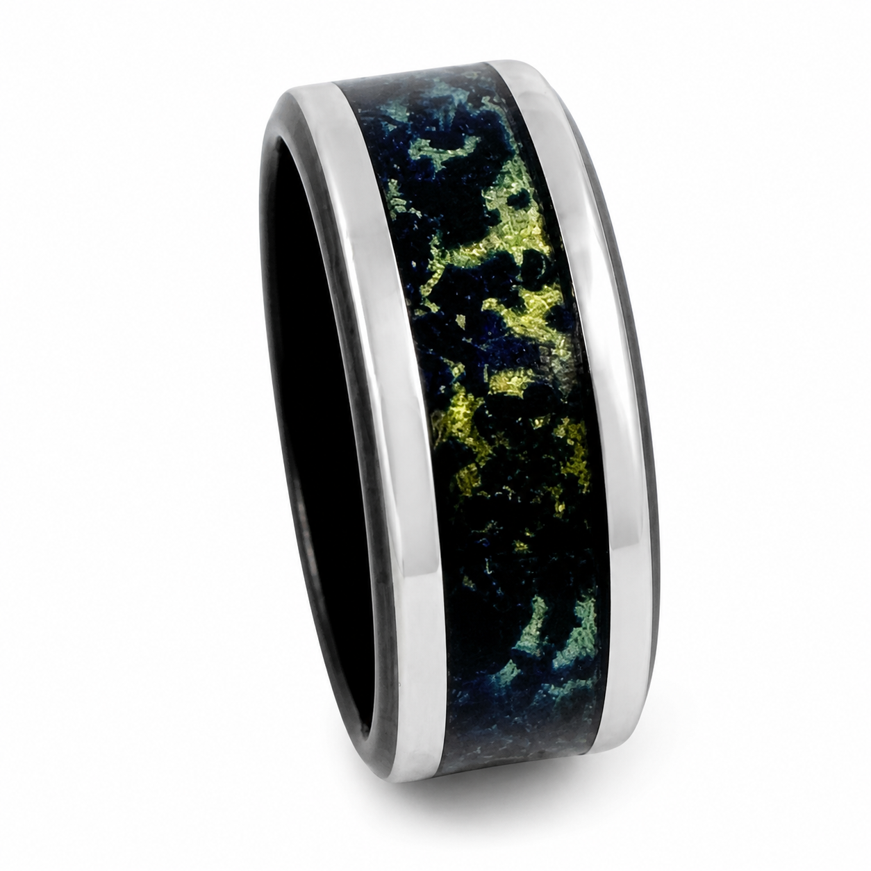 "Nightfall" — Black Metal Ring with Black Opal & Banana Mica Inlay, 8mm