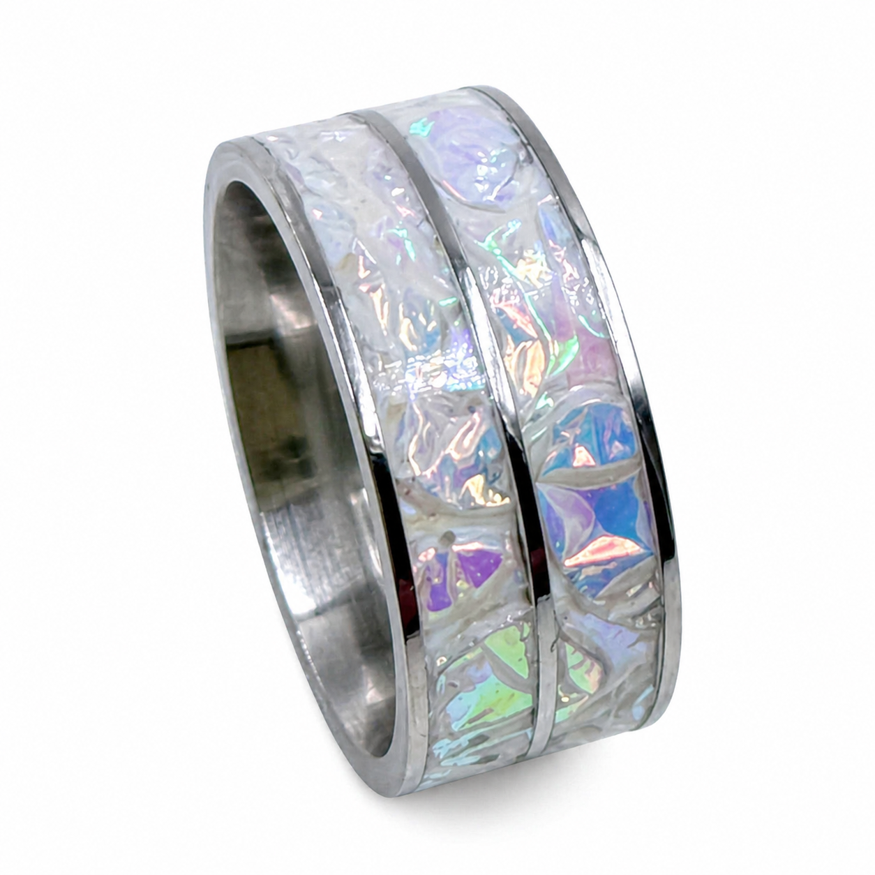 "Opaline" — Dual Dragon Pearl Burl Dichrolam Stackable Ring, 8mm