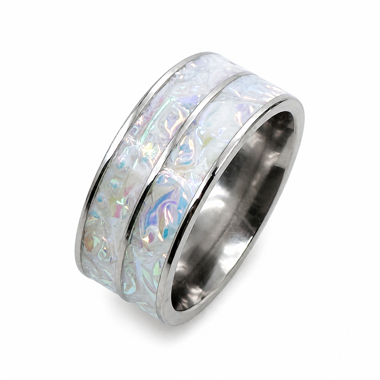 "Opaline" — Dual Dragon Pearl Burl Dichrolam Stackable Ring, 8mm