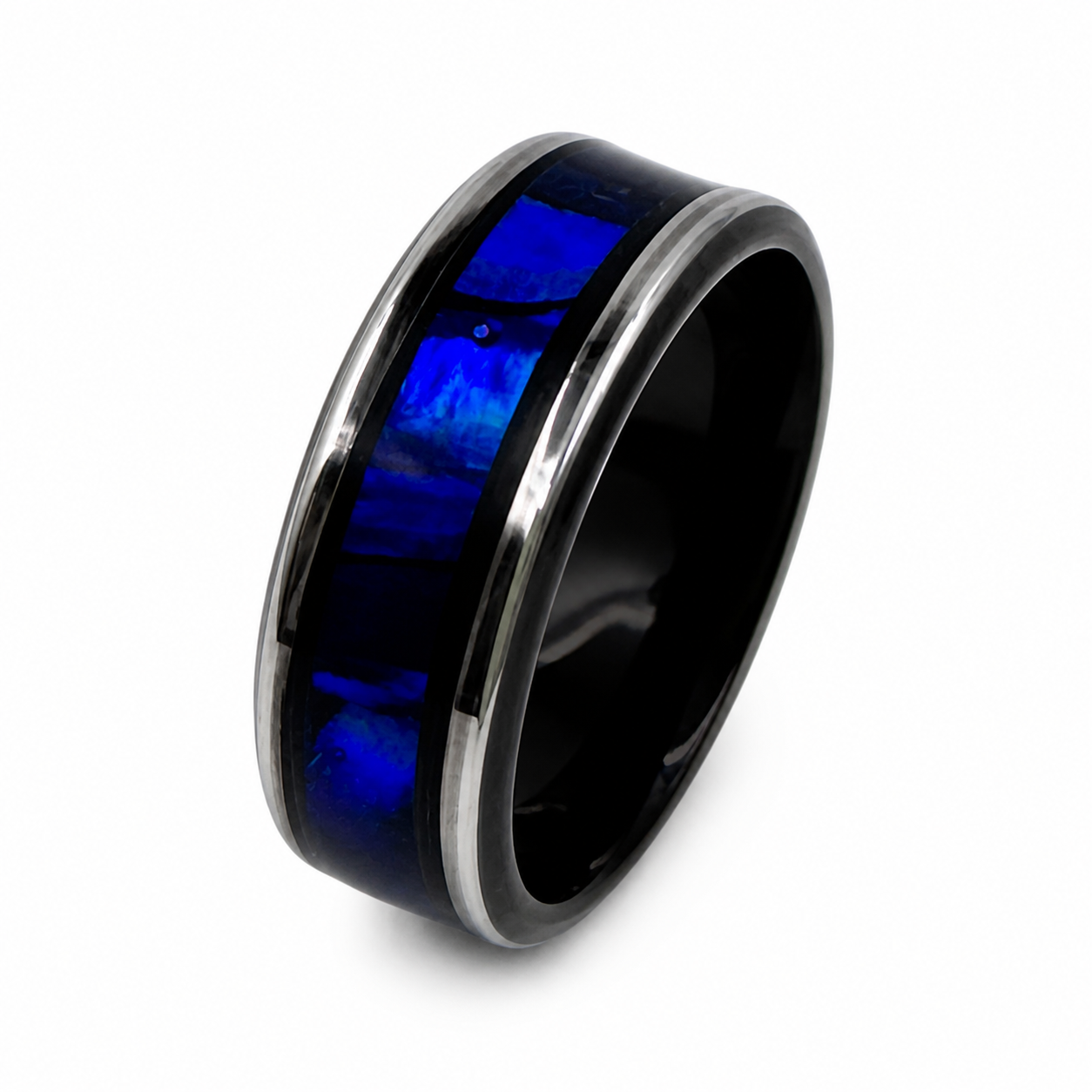"Orion" — Black Metal Ring with Paua Abalone Cascade Inlay, 8mm