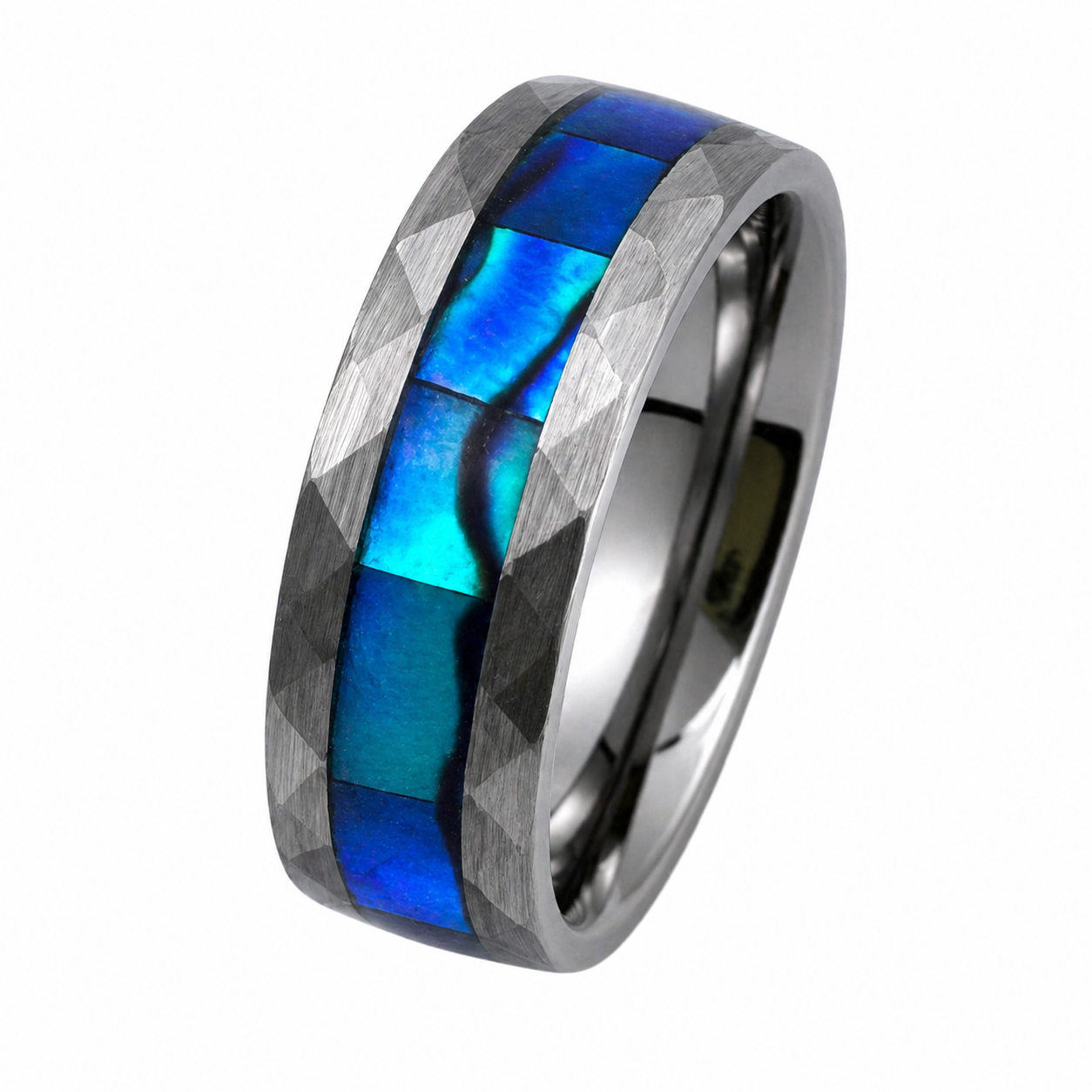 "Cascade" — Hammered Tungsten Ring with Abalone Cascade Inlay, 8mm