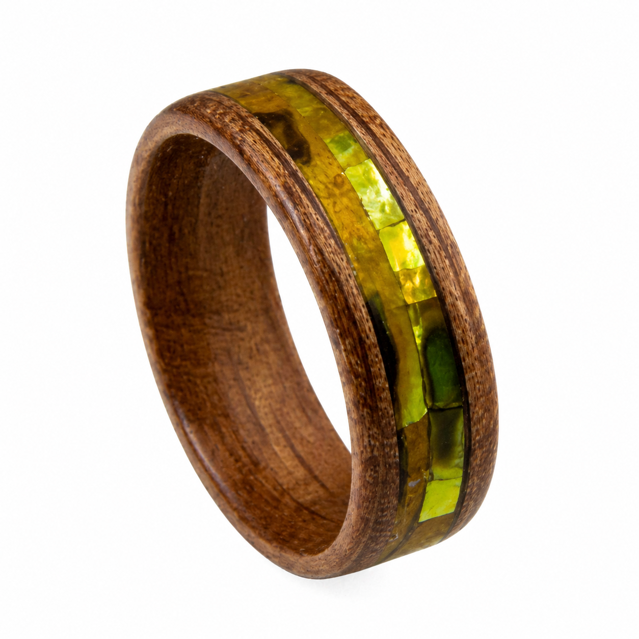 "Sienna" — Olive Wood Ring with Green & Gold Abalone Inlay, 8mm