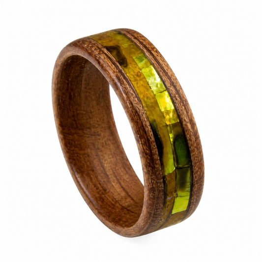 "Sienna" — Olive Wood Ring with Green & Gold Abalone Inlay, 8mm