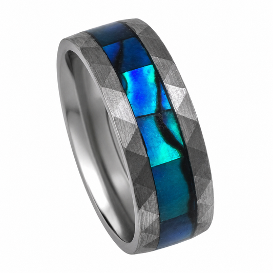 "Cascade" — Hammered Tungsten Ring with Abalone Cascade Inlay, 8mm