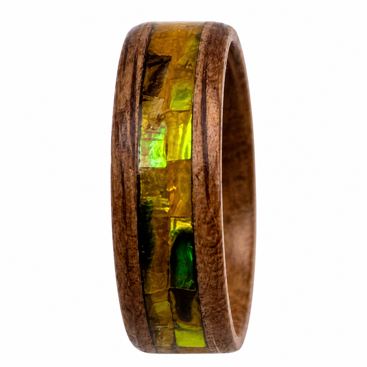 "Sienna" — Olive Wood Ring with Green & Gold Abalone Inlay, 8mm